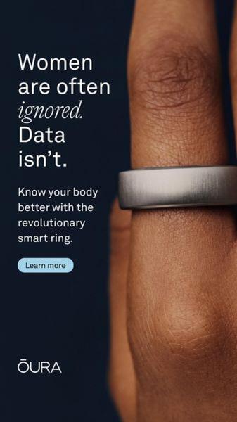 This vertical 9:16 ad features a close-up of a smart ring on a finger, paired with text that contrasts gender health gaps with the precision of data.